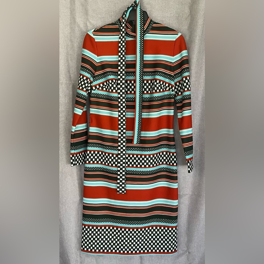 Vintage Mr Simon Striped Green and Red dress. Zip back and tie belt. - Picture 1 of 8